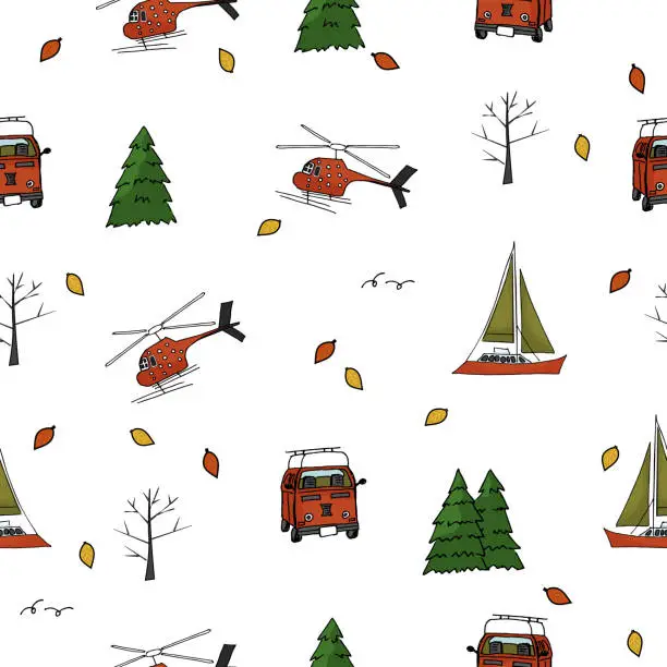 Vector illustration of Repeat seamless pattern of helicopter, yacht, travel bus, trees, christmas trees, leaves on white background