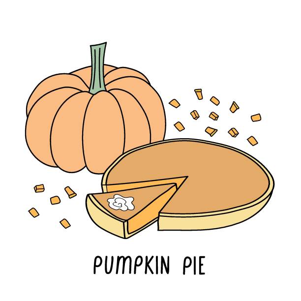Pumpkin pie and pumpkin with slices around colorful vector illustration Pumpkin pie and pumpkin with slices around colorful vector illustration. It can be used for greeting card, mug, poster, t-shirts, etc. whipped cream dollop stock illustrations