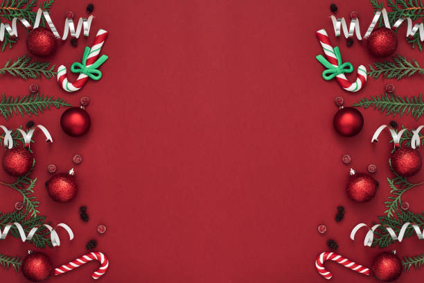 istock New Year's, festive decor on a red background. Copy space, flat lay, mock up, top view 1285545716