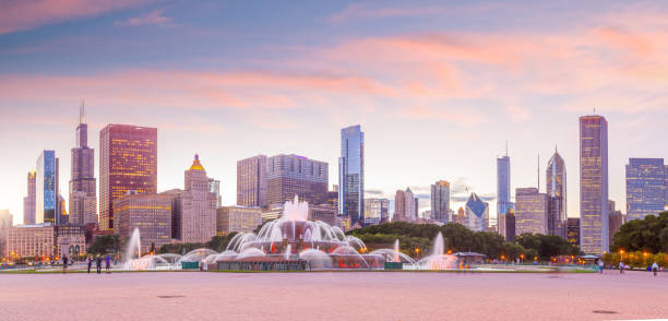 istock Panorama of Chicago skyline  with skyscrapers at sunset 1285545721