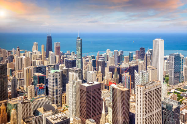 istock Downtown chicago skyline at sunset Illinois in USA 1285545729