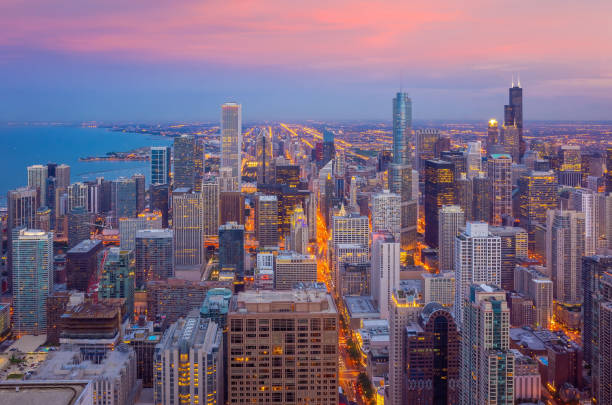 istock Downtown chicago skyline at sunset Illinois in USA 1285545735