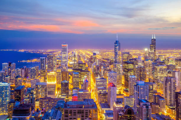 istock Downtown chicago skyline at sunset Illinois in USA 1285545736