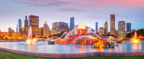 istock Panorama of Chicago skyline  with skyscrapers at sunset 1285545740