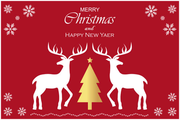 istock Beautiful Christmas holiday template with reindeer and golden Xmas tree 1285546686