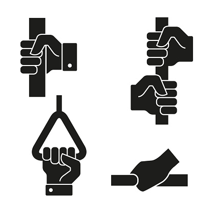 Hands hold on to the handrails icon set. In public transport. Flat style vector illustration isolated on white.