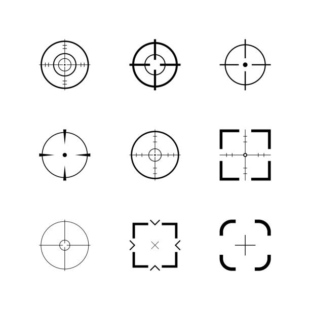 ilustrações, clipart, desenhos animados e ícones de mira, mira de arma, conjunto de ícones de alvos. ilustração vetorial estilo plano - crosshair gun rifle sight aiming