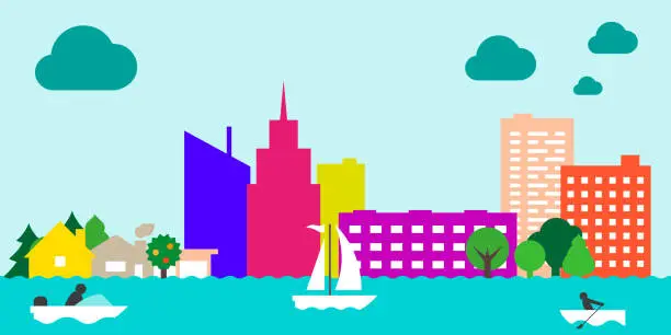 Vector illustration of Big city and water rest. Flat style vector illustration