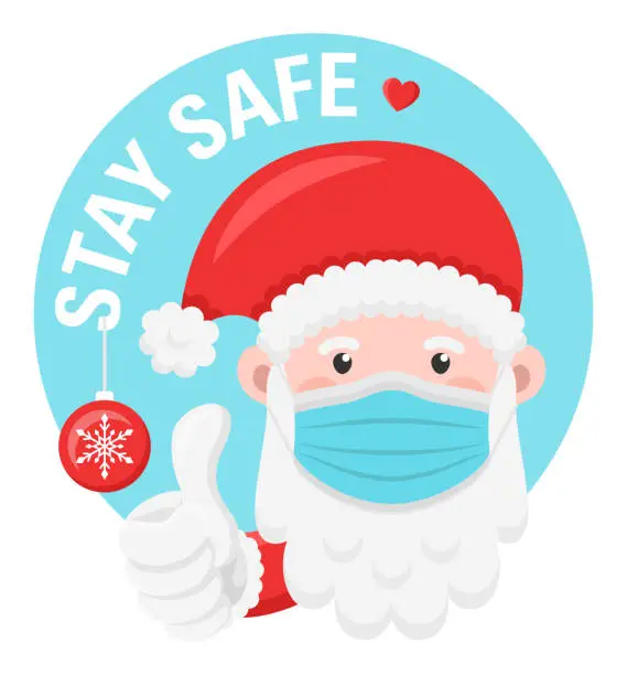 Vector illustration of Santa claus with face mask and thumbs up vector symbol isolated. Stay safe corona christmas concept