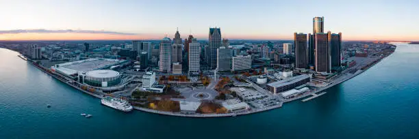 An aerial view of the skyline of the city of Detroit, Michigan in the fall of 2020