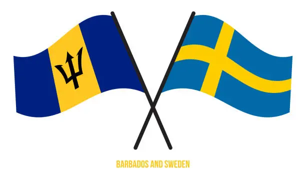Vector illustration of Barbados and Sweden Flags Crossed And Waving Flat Style. Official Proportion. Correct Colors.