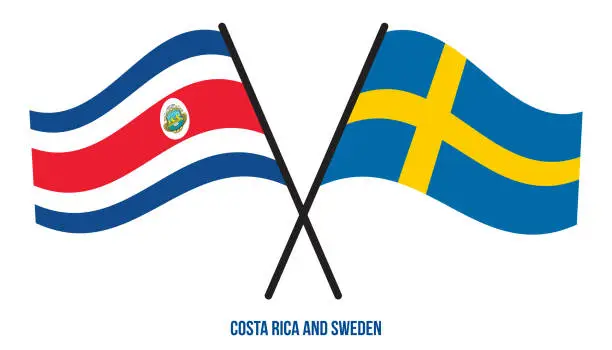 Vector illustration of Costa Rica and Sweden Flags Crossed And Waving Flat Style. Official Proportion. Correct Colors.