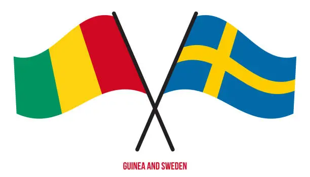 Vector illustration of Guinea and Sweden Flags Crossed And Waving Flat Style. Official Proportion. Correct Colors.