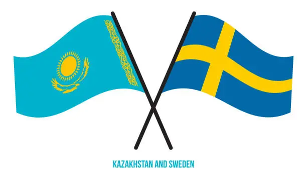 Vector illustration of Kazakhstan and Sweden Flags Crossed And Waving Flat Style. Official Proportion. Correct Colors.