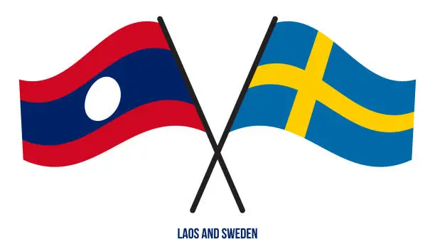 Vector illustration of Laos and Sweden Flags Crossed And Waving Flat Style. Official Proportion. Correct Colors.