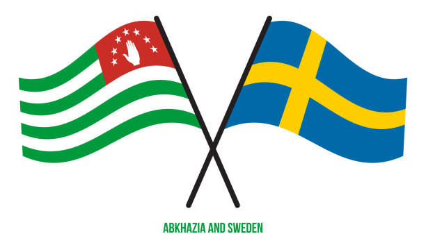 ilustrações de stock, clip art, desenhos animados e ícones de abkhazia and sweden flags crossed and waving flat style. official proportion. correct colors. - abkhazian flag