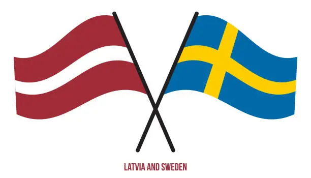 Vector illustration of Latvia and Sweden Flags Crossed And Waving Flat Style. Official Proportion. Correct Colors.