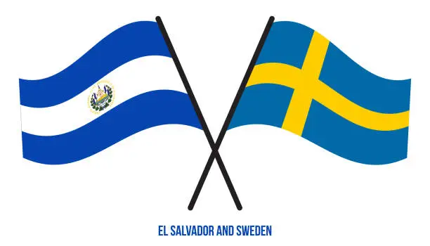 Vector illustration of El Salvador and Sweden Flags Crossed And Waving Flat Style. Official Proportion. Correct Colors.