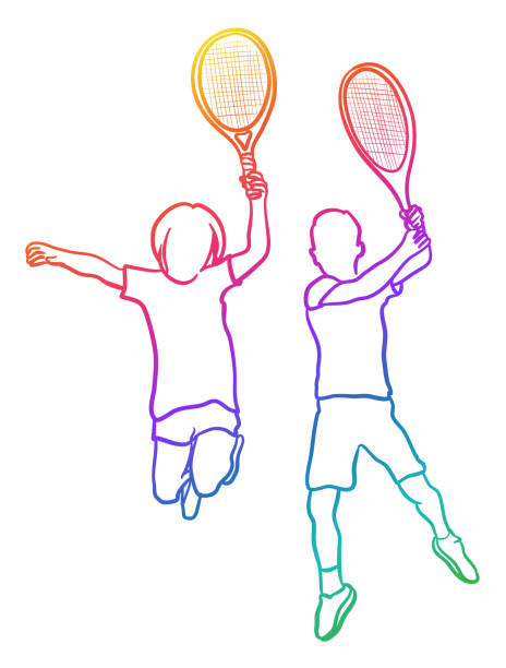 illustrazioni stock, clip art, cartoni animati e icone di tendenza di tennis bambini jumping arcobaleno - child tennis white background sport