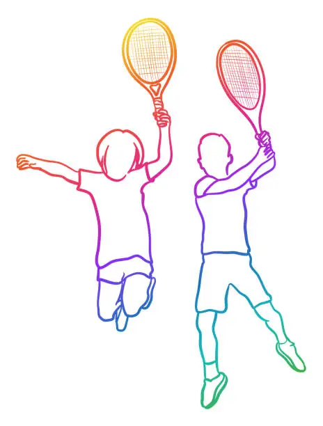 Vector illustration of Tennis Kids Jumping Rainbow