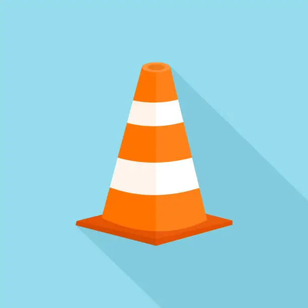 Vector illustration of Traffic Cone with long shadow isolate on blue background.