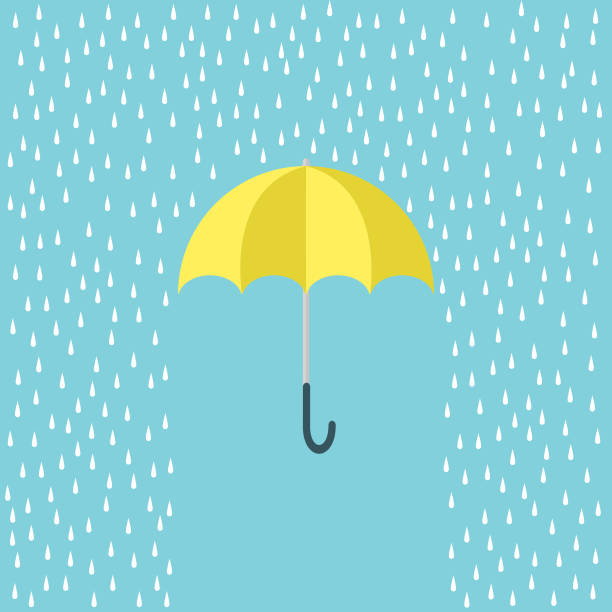 비가 내리는 노란색 우산은 파란색 배경에 분리되어 있습니다. - insurance rain insurance agent umbrella stock illustrations