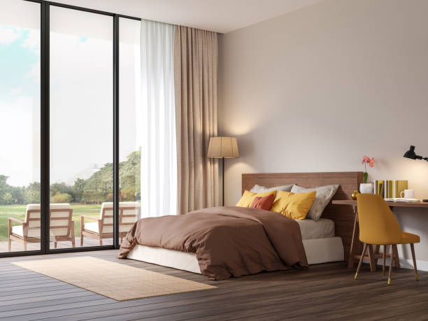 Red brown tone bedroom with nature view 3d render
