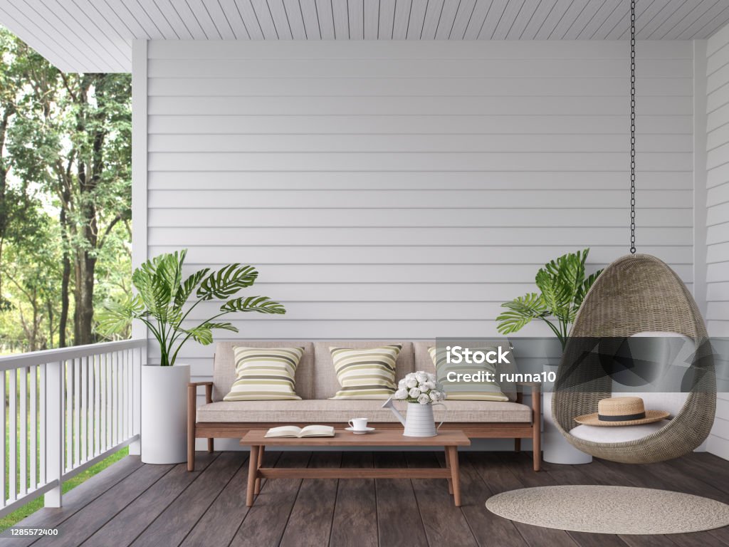 Vintage terrace with nature view 3d render Vintage terrace with nature view 3d render, There are old wooden floor and white plank wall,decorate with wood,fabric and rattan furniture,overlooking to the green garden background Outdoors Stock Photo