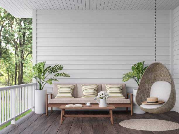 Vintage terrace with nature view 3d render Vintage terrace with nature view 3d render, There are old wooden floor and white plank wall,decorate with wood,fabric and rattan furniture,overlooking to the green garden background patio stock pictures, royalty-free photos & images