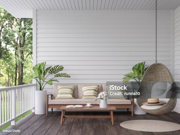 Vintage Terrace With Nature View 3d Render Stock Photo - Download Image Now - Outdoors, Patio, Residential Building