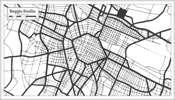 레트로 스타일의 흑백 색상의 레지오 에밀리아 이탈리아 시티 지도. 윤곽선 맵입니다. - emiliano martinez stock illustrations