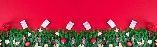 istock A new year or Christmas banner with an empty space for text. Spruce branches, gift boxes and Christmas toys 1285574099