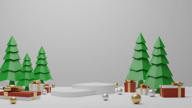 istock White background with podium, gift box and Christmas trees for product. 3D rendering. 1285574743