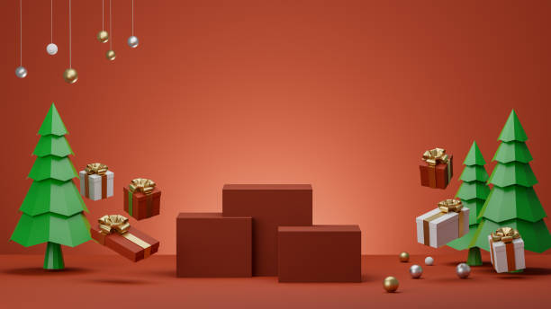 istock Red background with podium, gift box and Christmas trees for product. 3D rendering. 1285574752