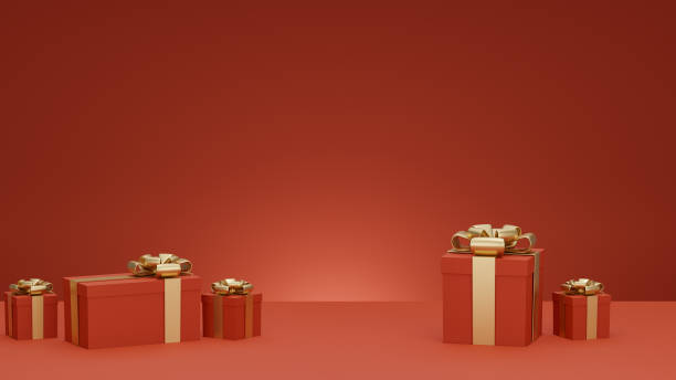 istock 3D : Christmas and New Year greeting, banner with red gift boxes presents - 3D rendering. 1285574824