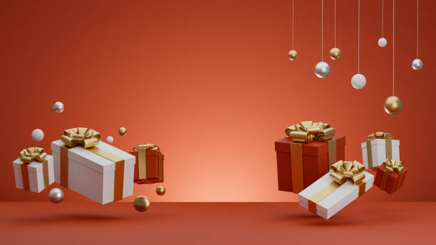 istock 3D : Christmas and New Year greeting, banner with red gift boxes presents - 3D rendering. 1285574842