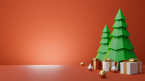 istock Gift box and Christmas trees over red background,. 3D rendering. 1285574973