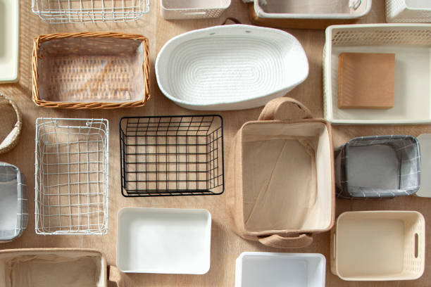 istock Flat lay of Marie Kondo's storage boxes, containers and baskets with different sizes and shapes 1285579451