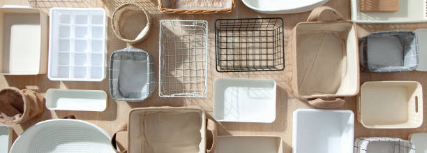 istock Flat lay of Marie Kondo's storage boxes, containers and baskets with different sizes and shapes 1285579478