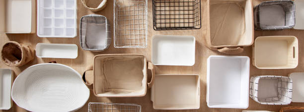 istock Flat lay of Marie Kondo's storage boxes, containers and baskets with different sizes and shapes 1285579492