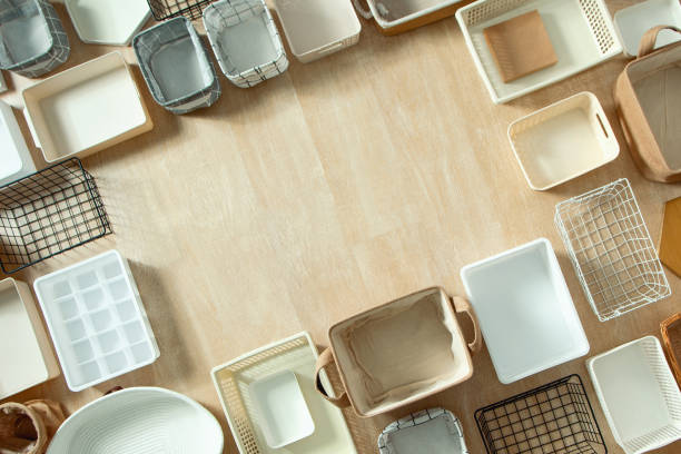 Top view of closet organization boxes and steel wire baskets in different shapes