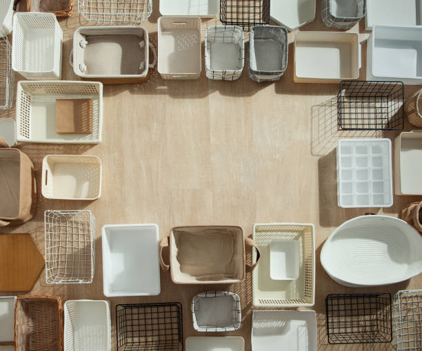 istock Top view of closet organization boxes and steel wire baskets in different shapes 1285580156