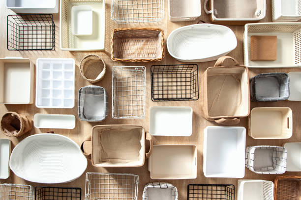 istock Flat lay of Marie Kondo's storage boxes, containers and baskets with different sizes and shapes 1285580208