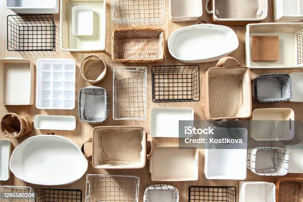 Flat Lay Of Marie Kondos Storage Boxes Containers And Baskets With Different Sizes And Shapes Stock Photo - Download Image Now
