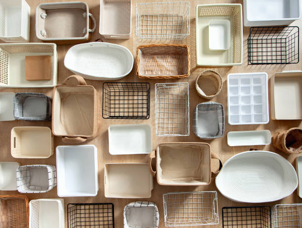 istock Flat lay of Marie Kondo's storage boxes, containers and baskets with different sizes and shapes 1285580231