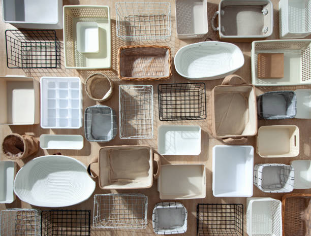 istock Flat lay of Marie Kondo's storage boxes, containers and baskets with different sizes and shapes 1285580322