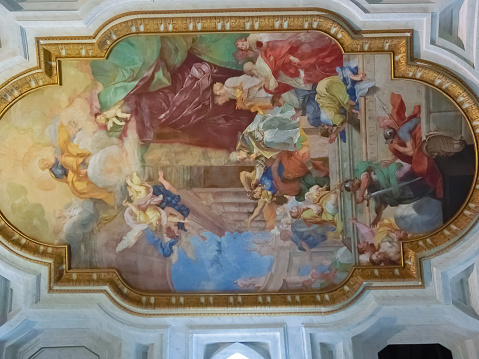 Rome, Italy - May 02, 2014: fresco, The Miracle of the Chains in the center of the coffered ceiling at San Pietro in Vincoli church at Rome, Italy on May 02, 2014