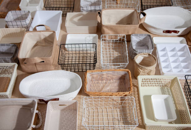 istock Flat lay of Marie Kondo's storage boxes, containers and baskets with different sizes and shapes 1285581106