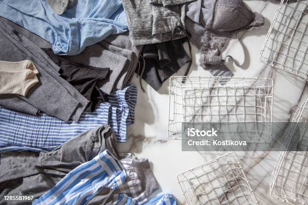 Pyjama Stack Group Of Organic Cotton Pyjamas Set On White Marble Table Is Ready For ...