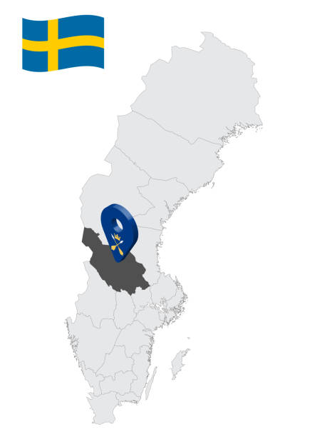 illustrations, cliparts, dessins animés et icônes de emplacement dalarna county sur la carte suède. signe d’emplacement 3d semblable au drapeau du comté de dalarna. carte de qualité avec les régions de suède pour votre conception. eps10. - falun